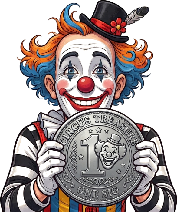 A cheerful clown proudly holding up a coin engraved Circus Treasure, One Sig