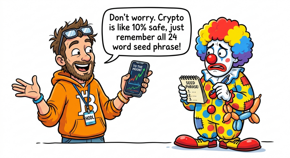 A crypto bro tells a nervous clown holding a notepad labeled Seed Phrase not to worry, crypto is 10% safe, just remember all 24 words